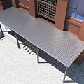Modern Metal Striped Canopy Installed On Building Exterior With Supporting Frames And Paved Ground
