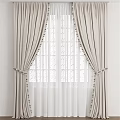 Beige Curtains with White Sheer Panels and Decorative Pom Pom Trim for Window