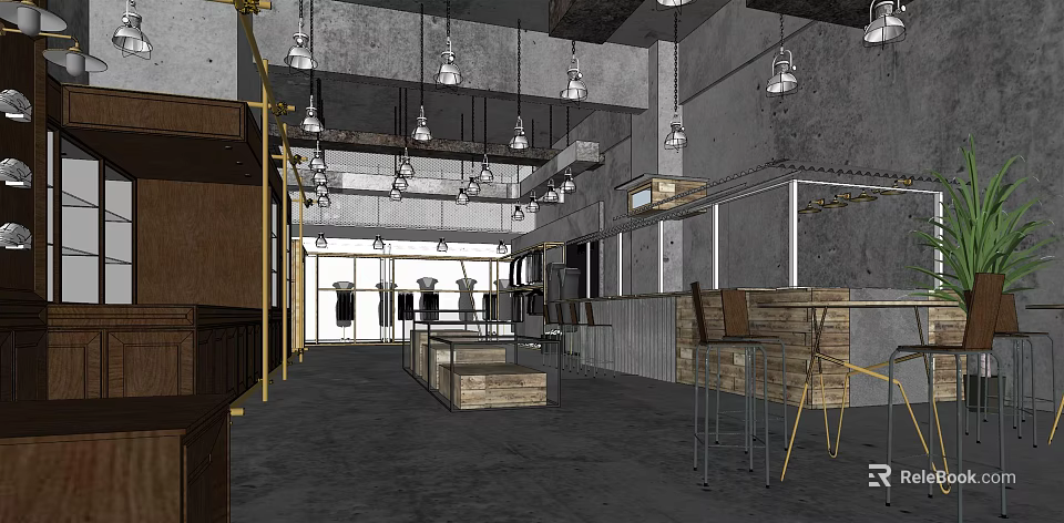 Industrial Style Clothing Store Interior With Pendant Lights Wooden Display Tables And Clothing Racks 3d model 