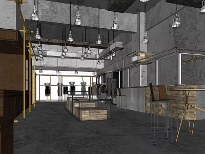 Industrial Style Clothing Store Interior With Pendant Lights Wooden Display Tables And Clothing Racks 3d model