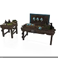 Wooden Furniture Including Small Table Large Desk With Blue Ornaments Open Box And Green Plants