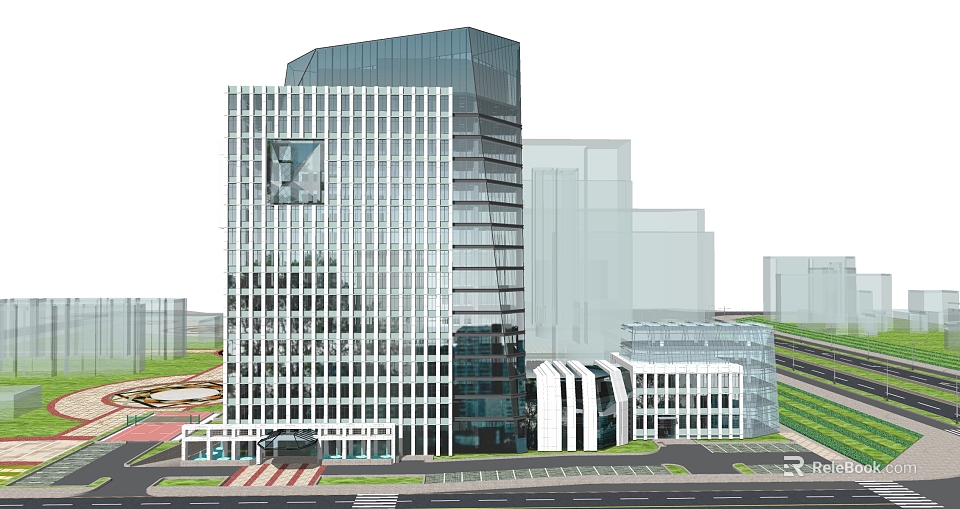 Modern Office Building With Glass Curtain Wall High Rise Structure Surrounding Roads And Green Areas 3d model 