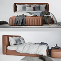Modern Double Bed With Leather Headboard Bed Bench Pillows And Blanket 3d model