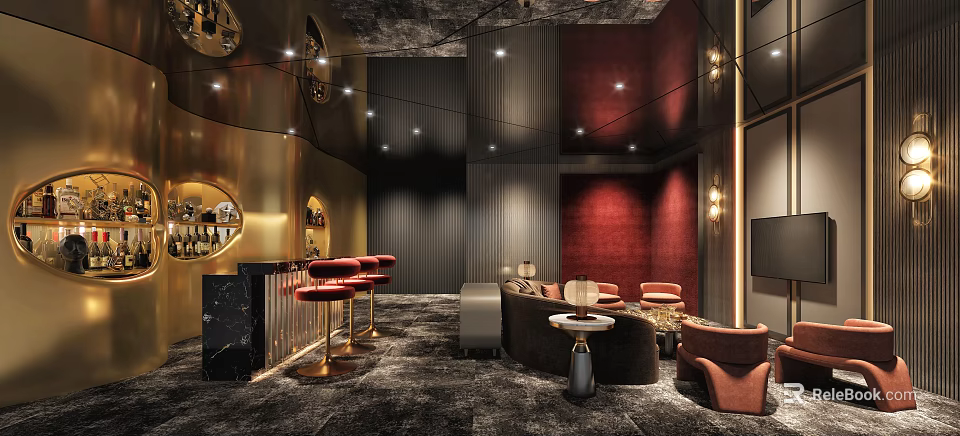 Modern Basement Interior Design With Bar Counter Red Stools And Sofa Seating Area 3d model