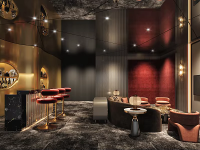 Modern Basement Interior Design With Bar Counter Red Stools And Sofa Seating Area 3d model