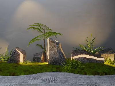 Zen Garden Ornament With Illuminated Stones Green Plants And Grass Patterns 3d model