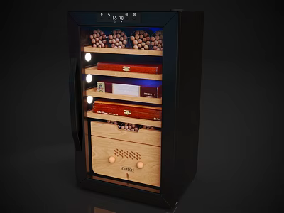 Cigar Refrigerator With Glass Door Wooden Drawers And Cigars Storage Interior Design 3d model