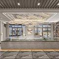 Luxurious Sales Office Interior With Elegant Chandelier Display Counter And Decorative Shelves