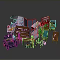 Modern Interior Furniture Collection Including Bookshelf Sofa Desk Table Chair And Refrigerator
