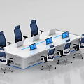 Modern Conference Table With Blue Office Chairs And Multiple Laptops On White Surface 3d model
