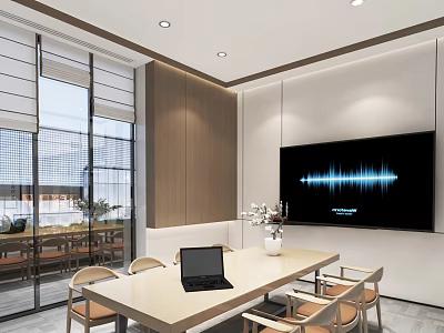 Modern Meeting Room Interior Design With Long Table Laptop Flower Vase And Large Screen 3d model