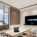 Modern Meeting Room Interior Design With Long Table Laptop Flower Vase And Large Screen
