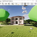 Two Story Detached Villa Exterior with Dark Roof Light Walls Front Porch and Lush Greenery