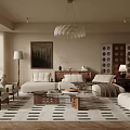 Modern Neutral Tones Living Room With Sofas Patterned Rug And Decor 3d model