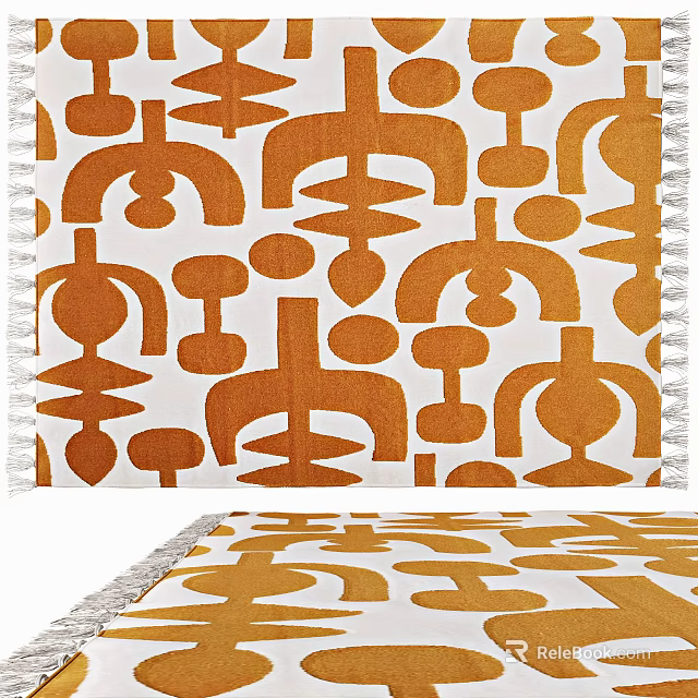 Square Rug With Orange And White Geometric Patterns And Tassel Edges For Interior Decor 3d model