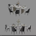 Modern Marble Top Dining Table Set With Gray Upholstered Chairs And Table Vase Flowers Tableware 3d model