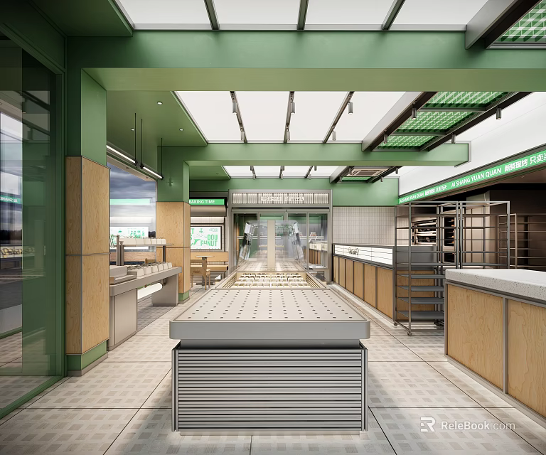 Bright Modern Dessert Shop Interior With Green Glass Ceiling Open Layout And Wooden Counters 3d model 