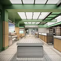 Bright Modern Dessert Shop Interior With Green Glass Ceiling Open Layout And Wooden Counters