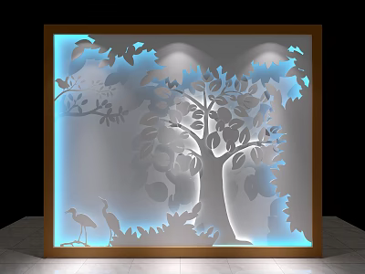 Decorative Wall Panel With Carved Tree Design Cranes And Blue Backlighting 3d model