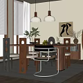 Modern Restaurant Interior With Wooden Dining Table Chairs Pendant Lights Plants And Decorative Art
