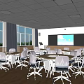 School Classroom With Hexagonal Tables Chairs Large Windows And Projector Screen 3d model