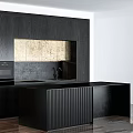 Modern Kitchen Interior With Dark Cabinets Glass Door Wine Storage Island And Stone Countertop