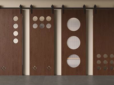 Walnut Wooden Barn Doors With Circular Metal Accents And Glass Panels Sliding Design 3d model