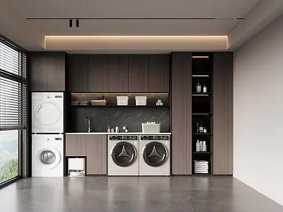 Modern Laundry Room Design With Stacked Washer Dryer And Dark Cabinets 3d model