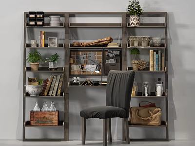 Modern Bookshelf Interior Design With Chair Plants Books And Decorative Items 3d model