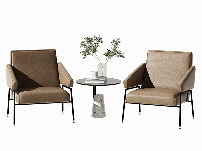 Brown Leather Chairs With Black Metal Legs And Round Marble Side Table With Green Plant 3d model