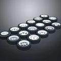 Multiple Automotive Tires And Rims Arranged Neatly On Dark Background Surface