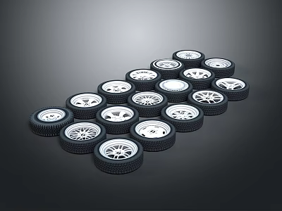 Multiple Automotive Tires And Rims Arranged Neatly On Dark Background Surface 3d model