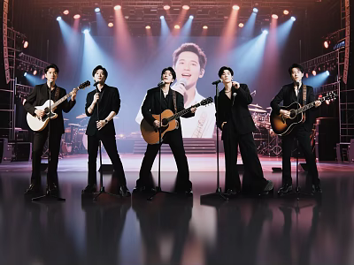 Five Men Performing On Stage With Guitars Singing Under Bright Stage Lights And Large Screen 3d model