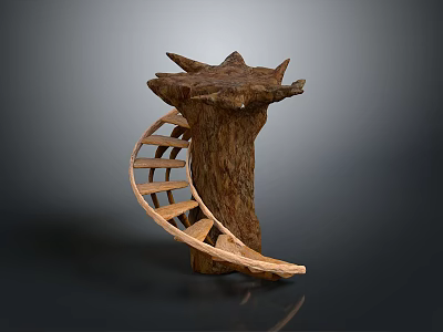 Unique Wooden Sculpture With Tree Stump Base And Curved Staircase Design 3d model