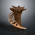 Unique Wooden Sculpture With Tree Stump Base And Curved Staircase Design
