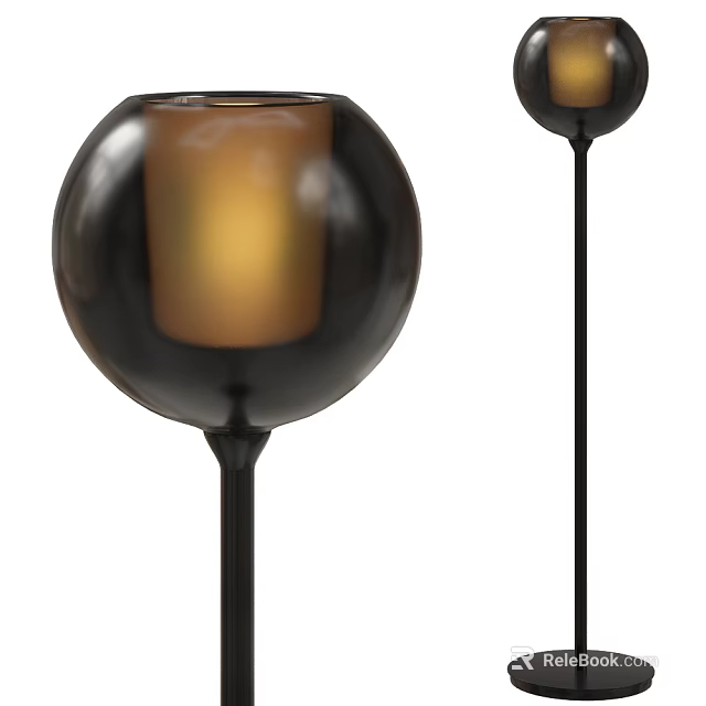 Black Modern Floor Lamp With Spherical Shade And Warm Light Glow 3d model 
