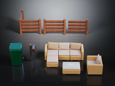 Outdoor Beige Furniture Set With Sofa Ottoman And Single Wicker Chair 3d model