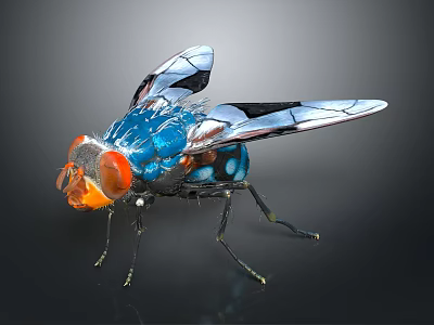 Vibrant Blue Fly With Red Eyes Transparent Patterned Wings And Orange Body 3d model
