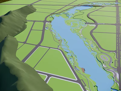 Park Landscape With Winding River Green Areas Connecting Paths And Surrounding Terrain 3d model