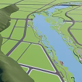 Park Landscape With Winding River Green Areas Connecting Paths And Surrounding Terrain