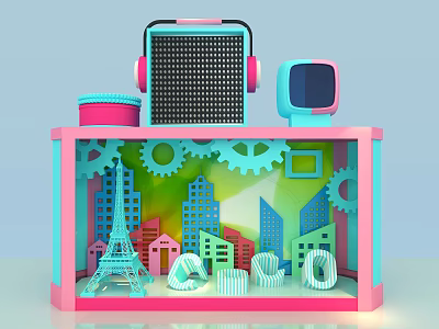 Colorful Decorative Display Case With Gears City Buildings Eiffel Tower LOVE Letters Headphones Vintage TV 3d model