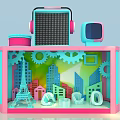 Colorful Decorative Display Case With Gears City Buildings Eiffel Tower LOVE Letters Headphones Vintage TV