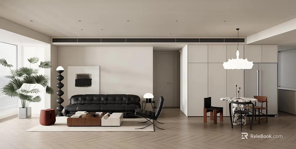 Modern Living Dining Room Interior With Leather Sofa Dining Table And Pendant Light 3d model