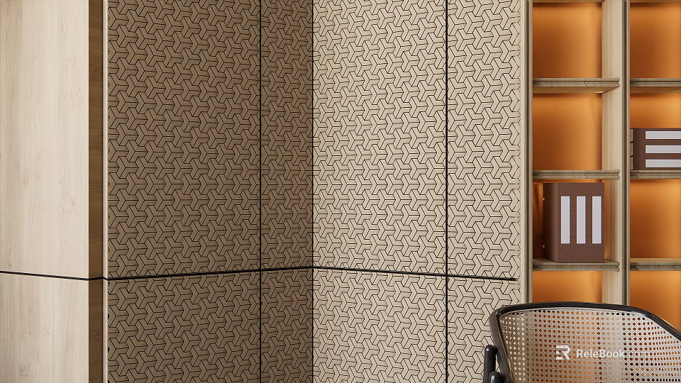 Decorative Wall Panels With Geometric Pattern In Beige Brown And Bookshelf Accent 3d model 