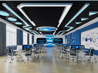 Modern School Computer Lab With Computers Desks Chairs Ceiling Lighting And Wall Screens 3d model