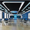 Modern School Computer Lab With Computers Desks Chairs Ceiling Lighting And Wall Screens