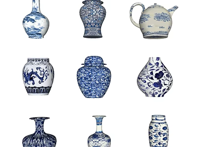 Traditional Blue and White Ceramic Vessels with Various Shapes Vases Teapot Jars 3d model