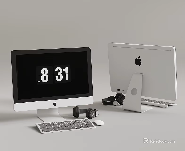 Modern Home Office Desktop Setup With iMac Dumbbells Keyboard And Mouse 3d model 