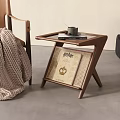 Wooden Side Table with Rattan Detail Featuring Coffee Cup and Book in Cozy Living Room