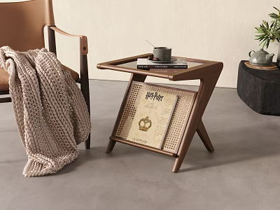 Wooden Side Table with Rattan Detail Featuring Coffee Cup and Book in Cozy Living Room 3d model